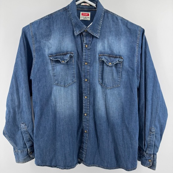 Wrangler Other - Wrangler Denim Shirt Mens 2XL Blue Long Sleeve Snap Button Western‎ Stretch